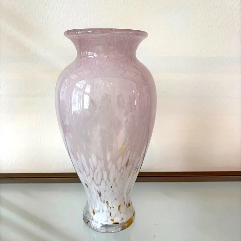 Murano Style Art Glass Vase 11.5in Pastel Pink White Speckled Gold Accents NEW